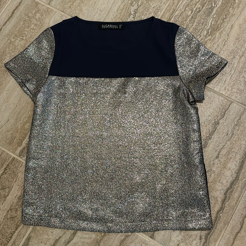 Sugarhill Boutique Metallic / Navy Blue Short Sleeve Size 4